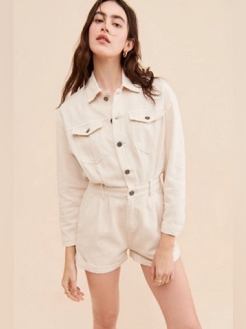 Saltwater Luxe Jaded Cuffed Romper Beige Utility Button Front Size M